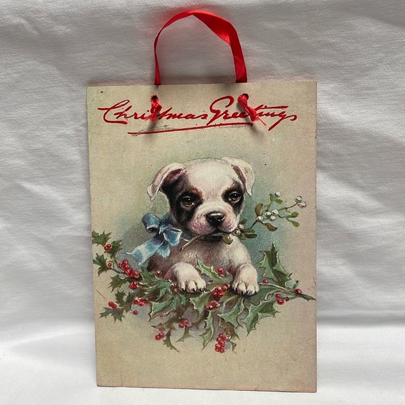 Puppy painting with red ribbon hanger with Season Greetings 6.5” X 9” - Picture 2 of 4
